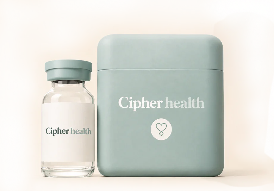 Cipher Health care package: a labelled glass treatment vial beside a sage-green storage case carrying the Cipher Health wordmark and heart logo