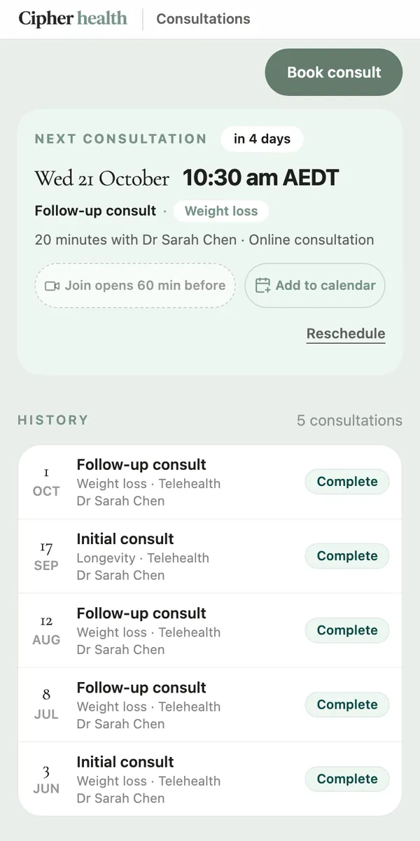 Consultations: the next booking with join, calendar and reschedule options, above a history of five past consultations