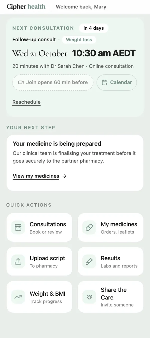 Portal home for a sample patient: the next consultation in four days, a next-step card and quick actions